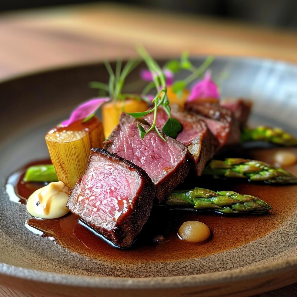 a plate of meat and vegetables photo