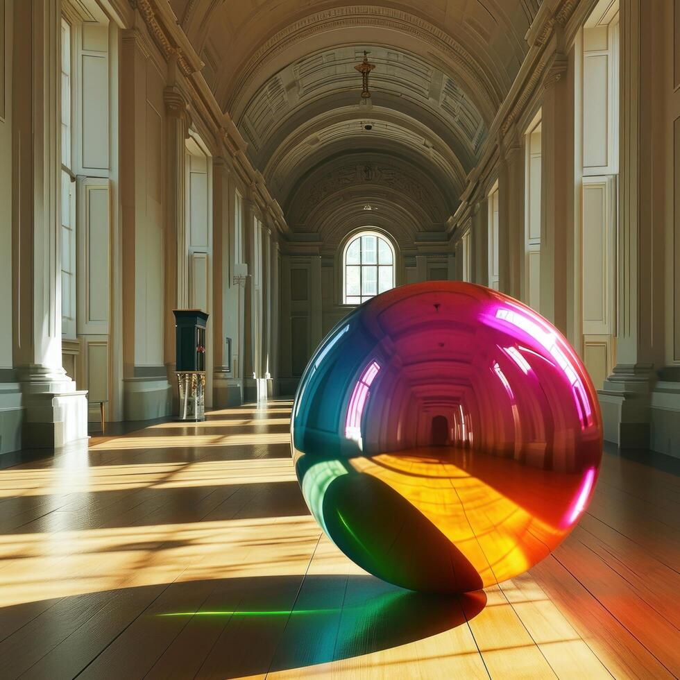 a colorful sphere in a hallway photo