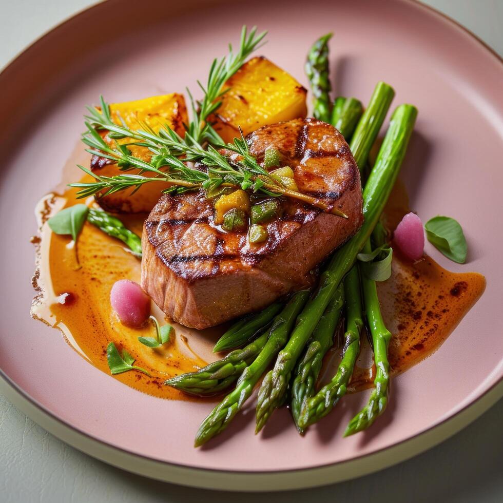 a plate of food on a white surface photo