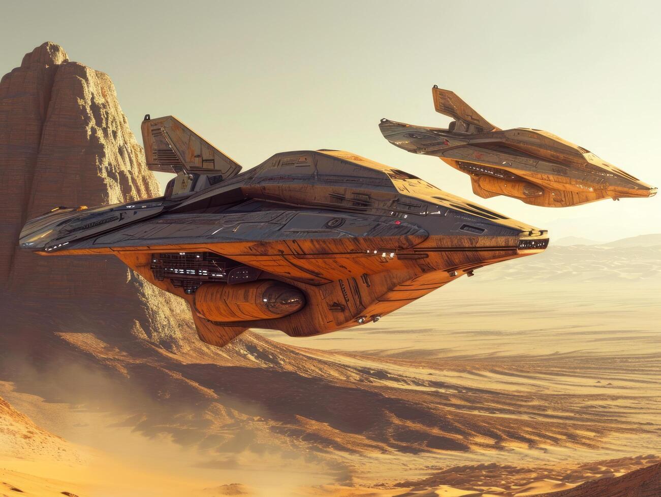 a group of spaceships flying over a desert photo
