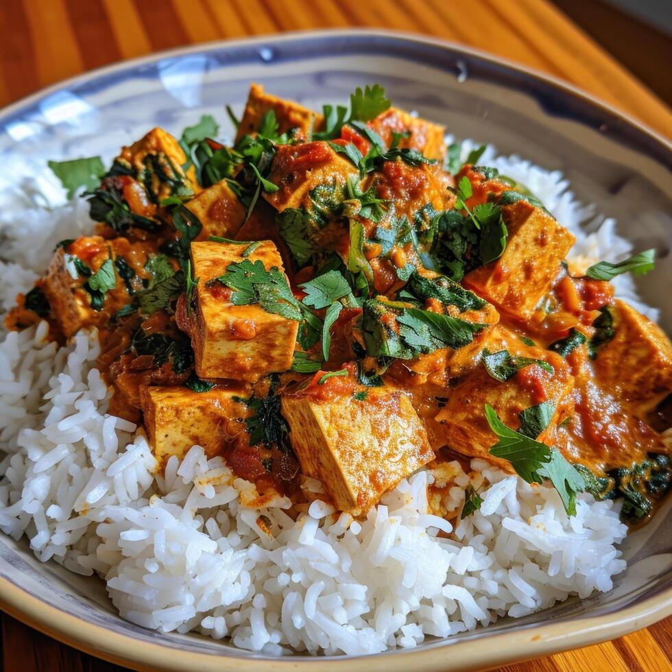 a bowl of rice with tofu and cilantro photo