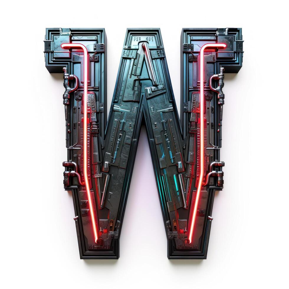 a letter w made of metal and red lights photo
