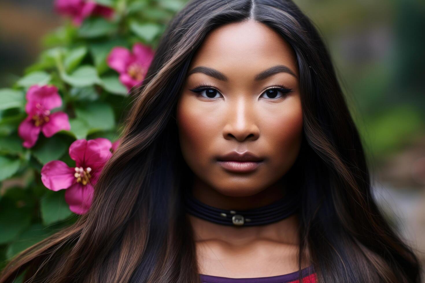 a woman with long hair and a choker photo