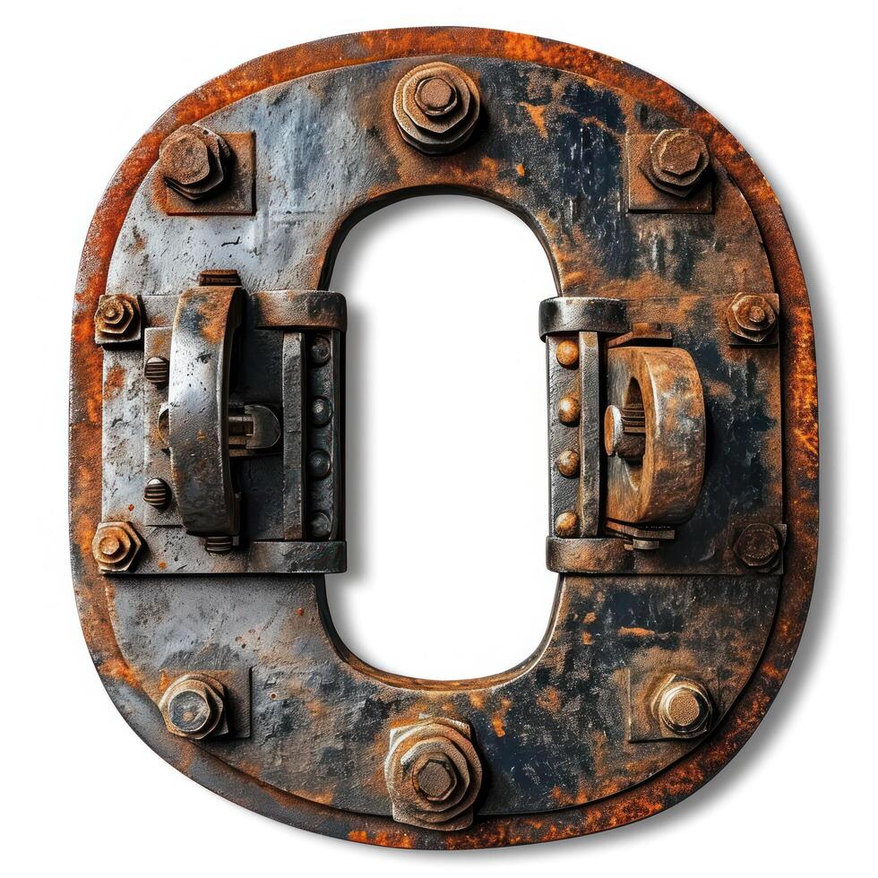 a metal letter o with bolts and nuts photo