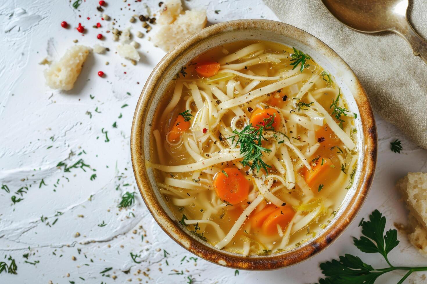 a bowl of soup with noodles and carrots photo