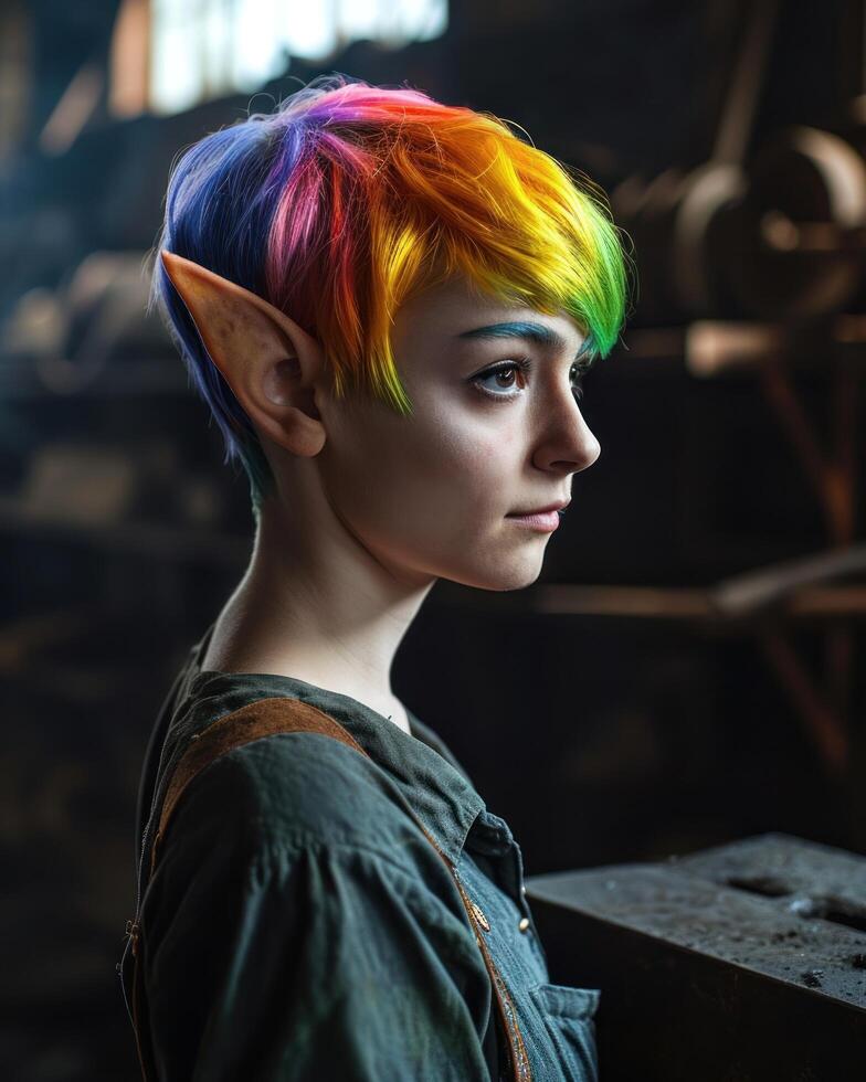 a woman with rainbow hair and ears photo