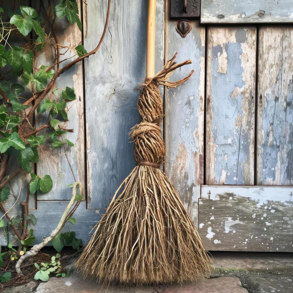a broom leaning against a door photo