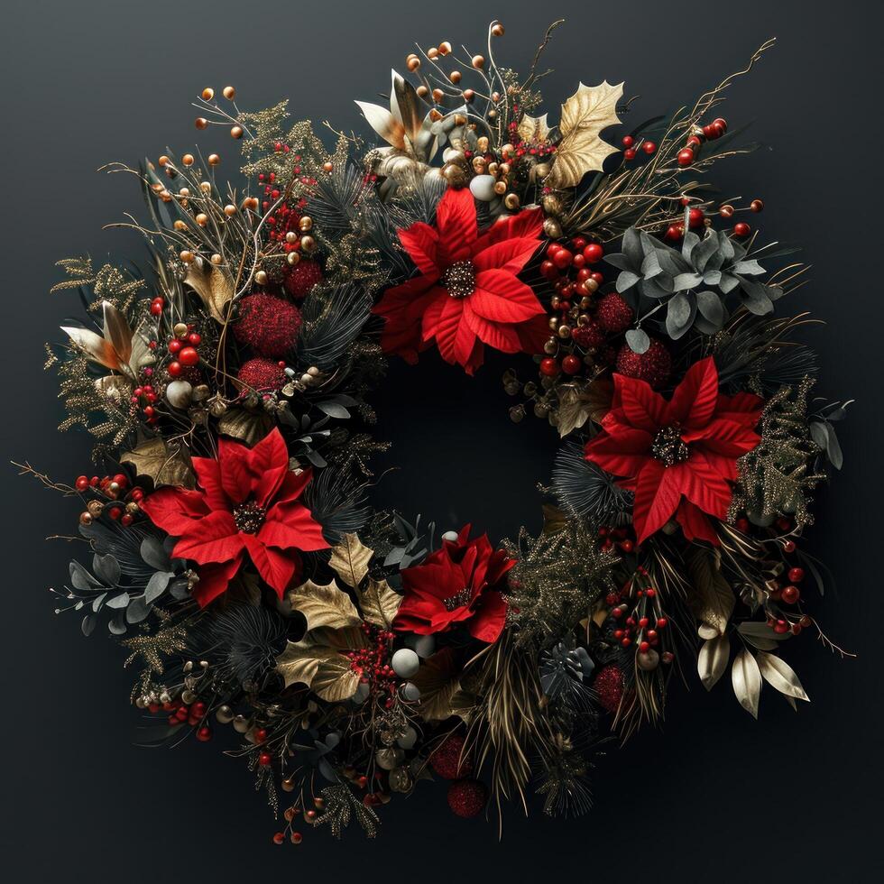 a wreath with red flowers and gold leaves photo