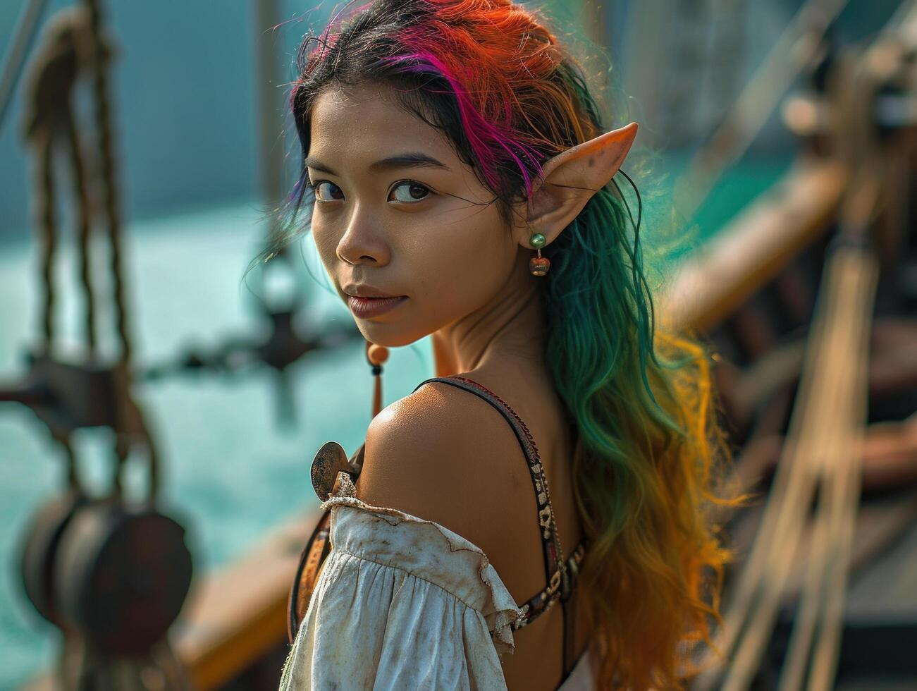 a woman with colorful hair and earring photo