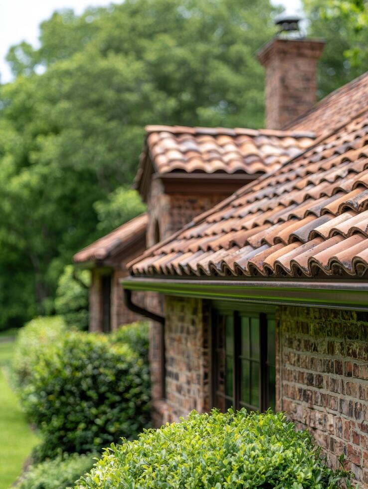 Rustic brick building with tiled roof and lush greenery photo