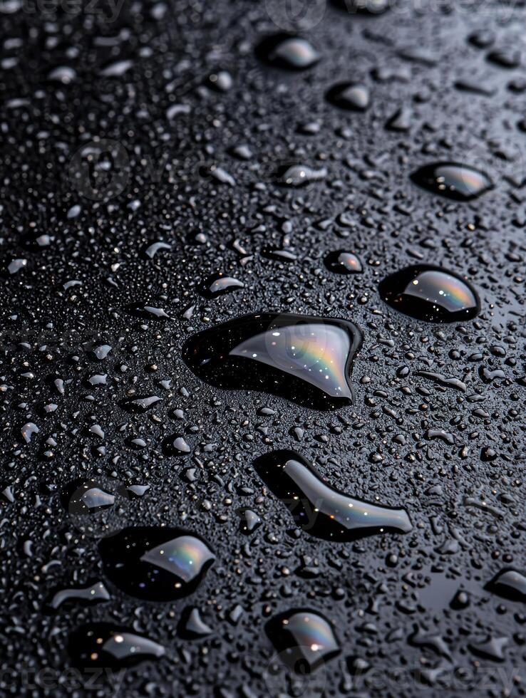 Raindrops on a dark surface with reflections photo
