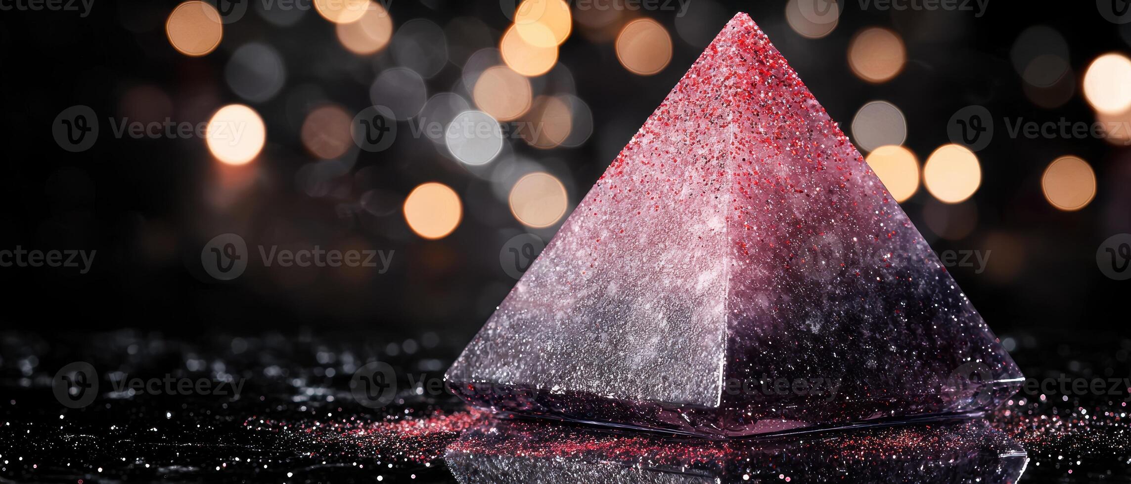 Sparkling pink pyramid against dark background with bokeh lights photo