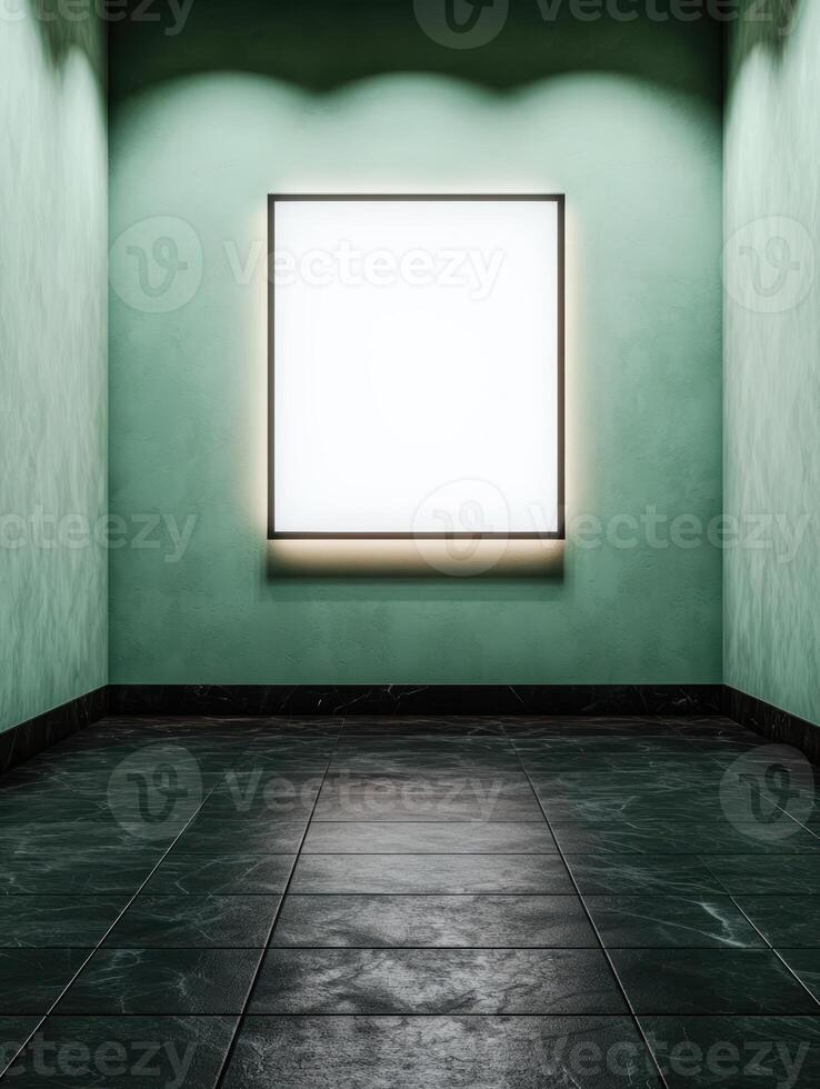 Minimalist art gallery interior with large illuminated frame photo