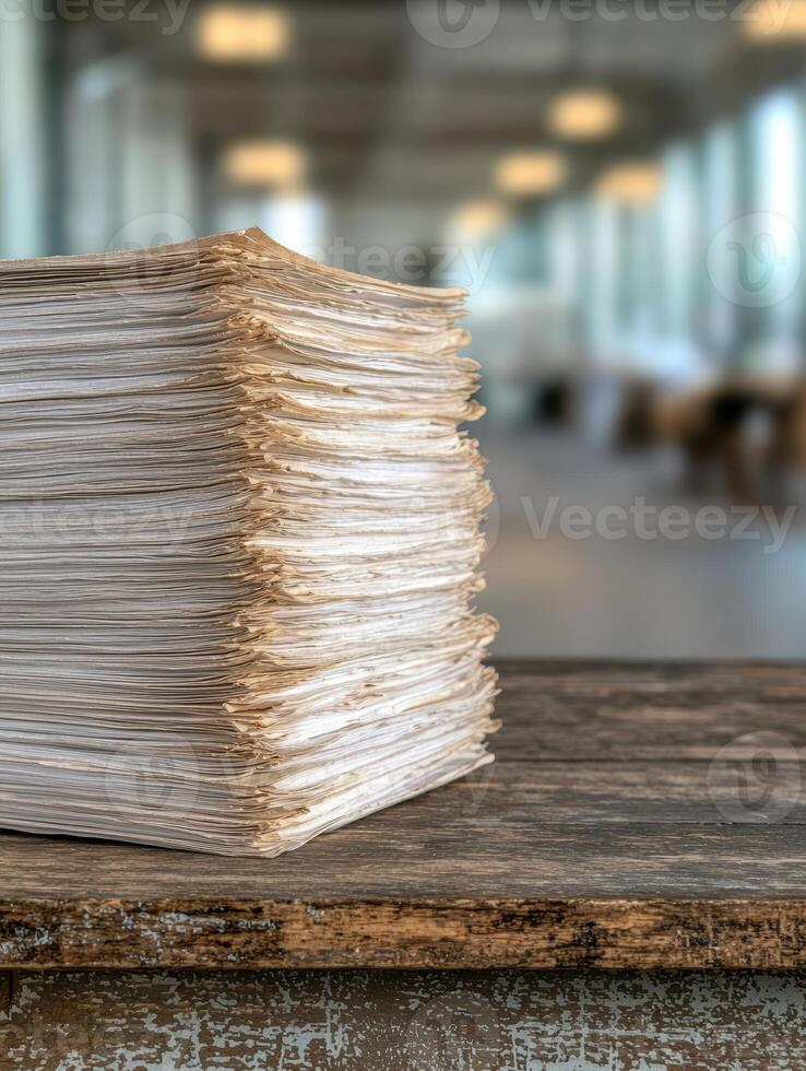 Stacked papers on a wooden table photo
