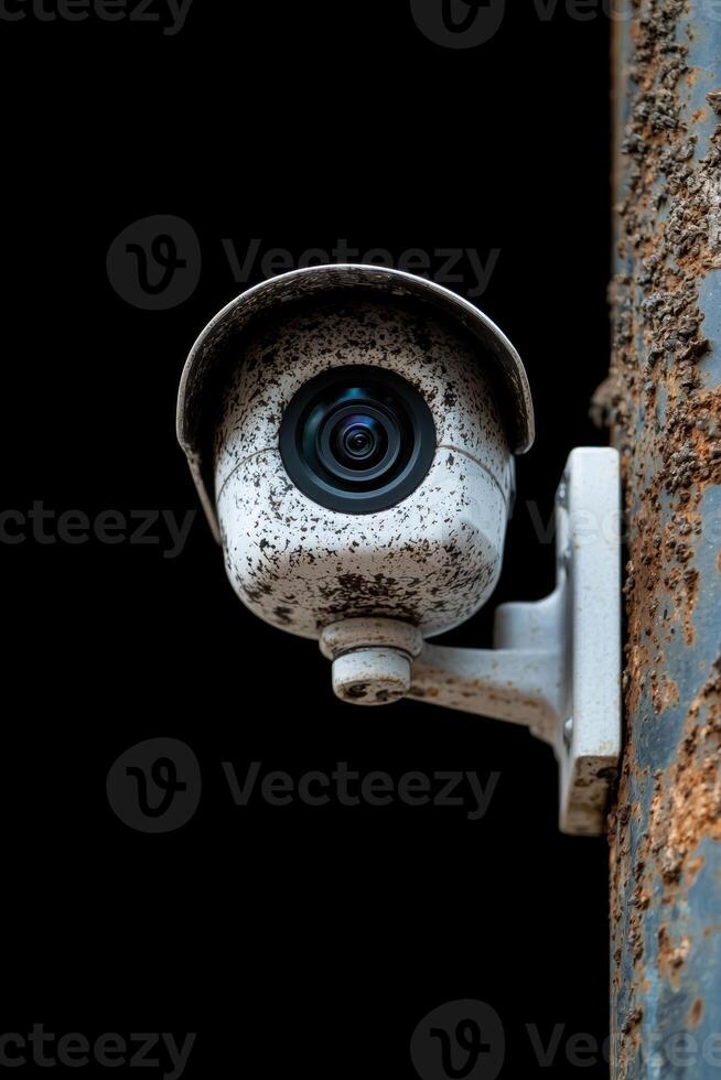 Weathered security camera mounted on a rusty metal surface photo