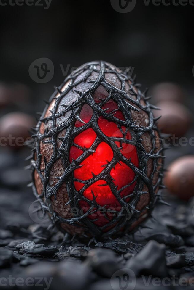 Mysterious glowing egg shaped object in dark forest photo