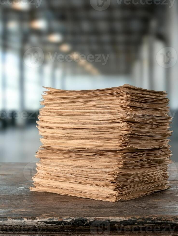 Stack of old paper documents on wooden table photo