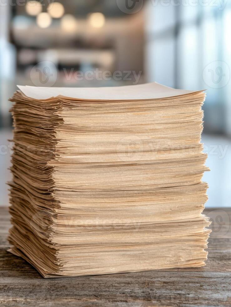 stack of paper documents on wooden table photo