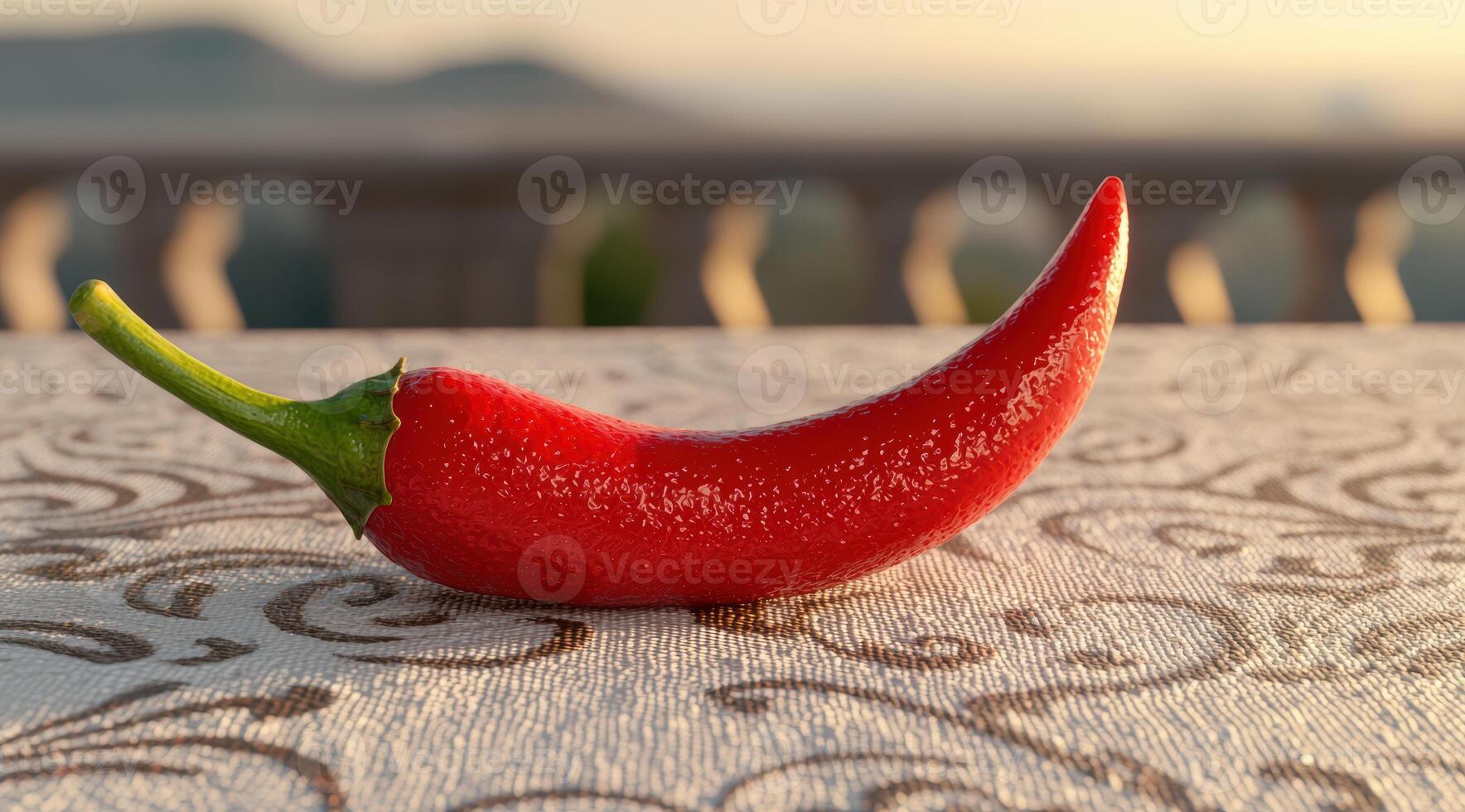 Vibrant red chili pepper on patterned surface photo