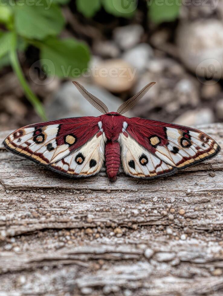 Colorful moth resting on weathered wood photo