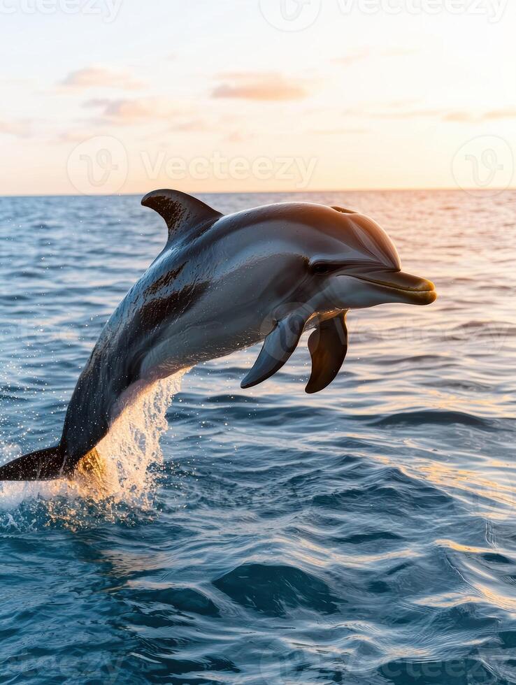 Dolphin leaping out of the ocean at sunset photo