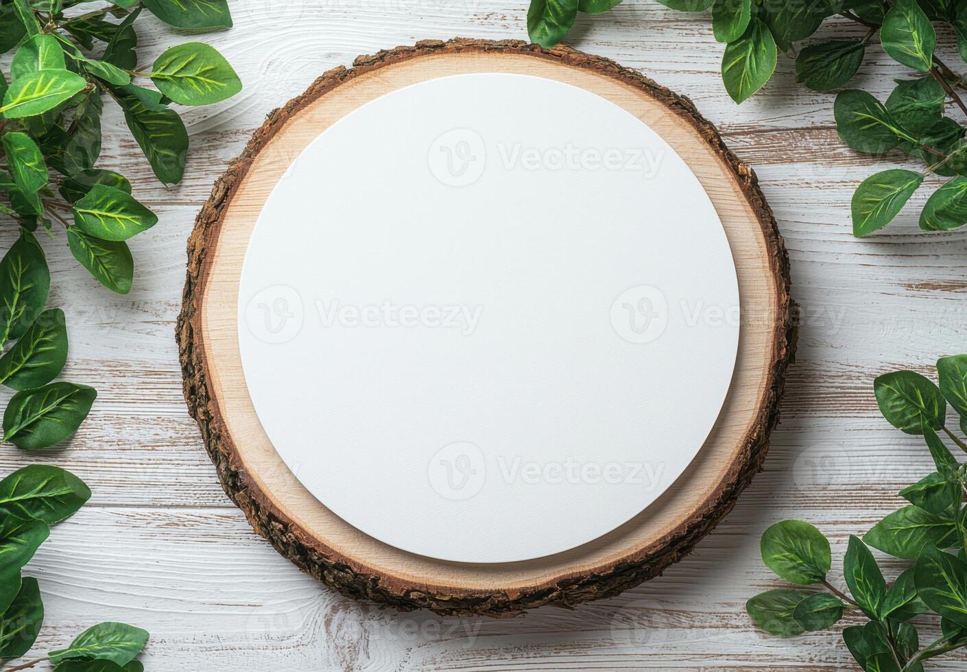 Rustic wooden mirror with green leaves photo
