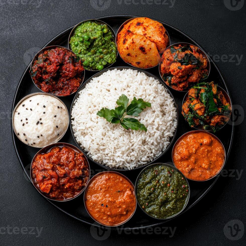 Assortment of Indian curry dishes with rice photo