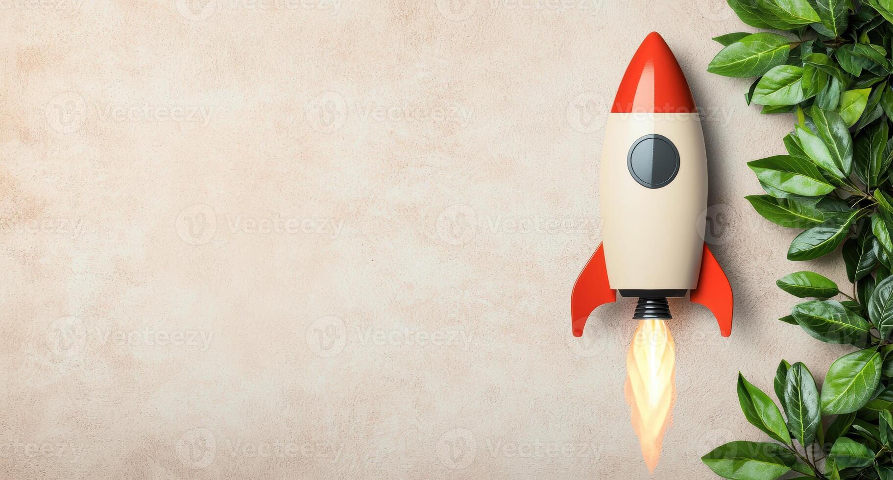 Rocket launch startup business concept with green leaves photo