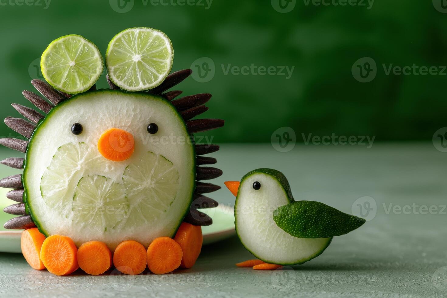 Creative vegetable art with lime, carrot, and cucumber photo