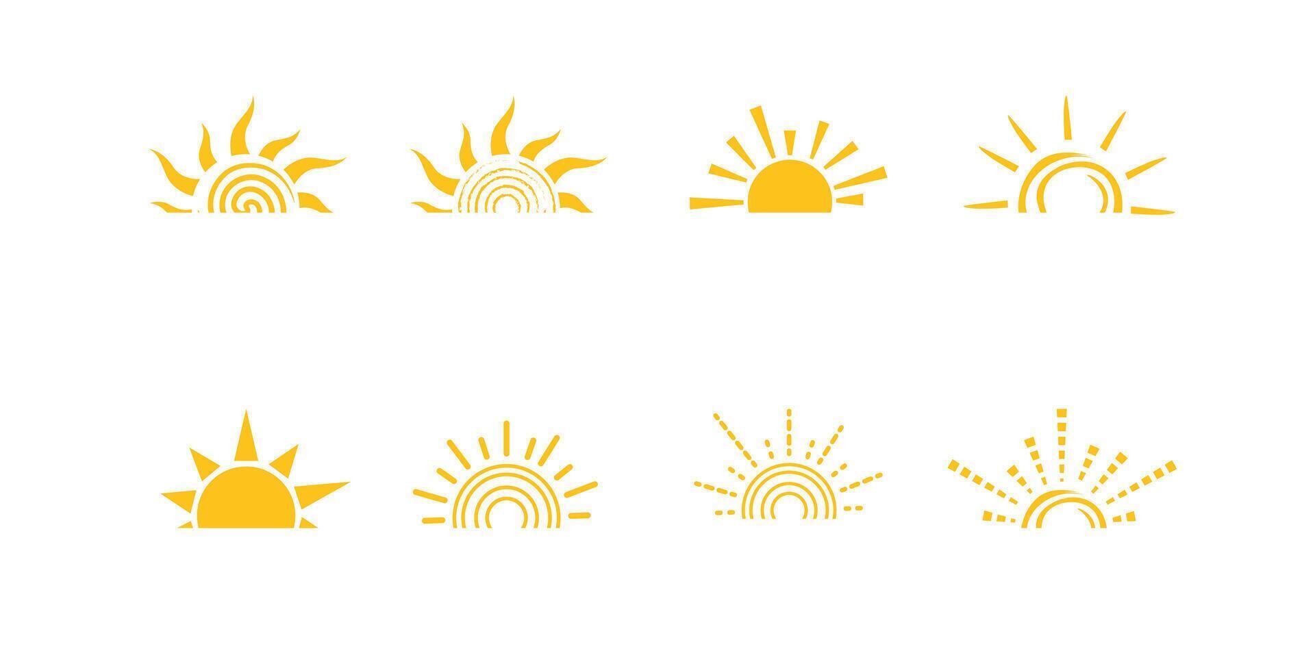 yellow half sun icon set. Hand drawn summer elements. isolated on white background vector