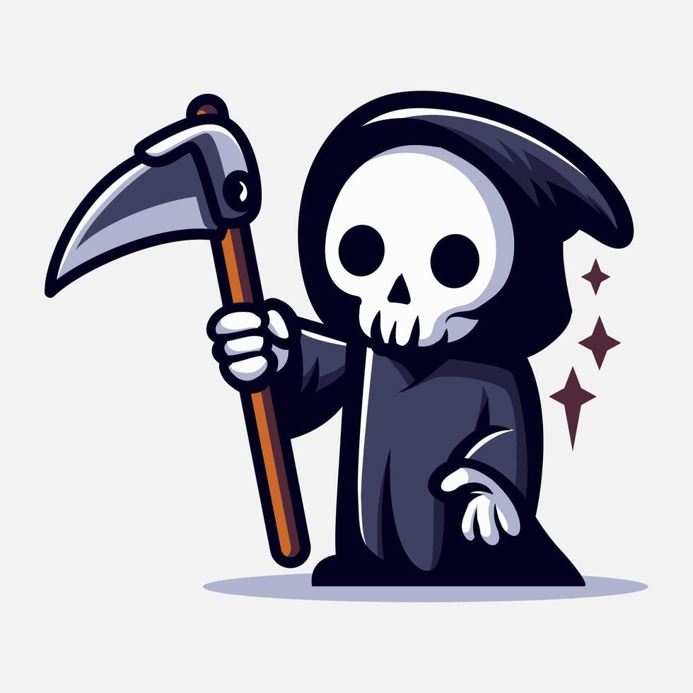 Cute grim reaper holds scythe with sparks illustration. Element for halloween design. Spooky and horror. Eps 10 vector