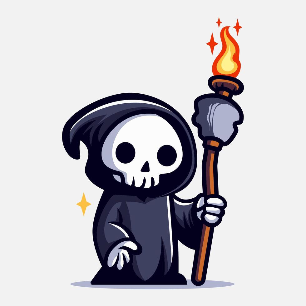 Cute grim reaper holds big torch illustration. Element for halloween design. Spooky and horror. Eps 10 vector