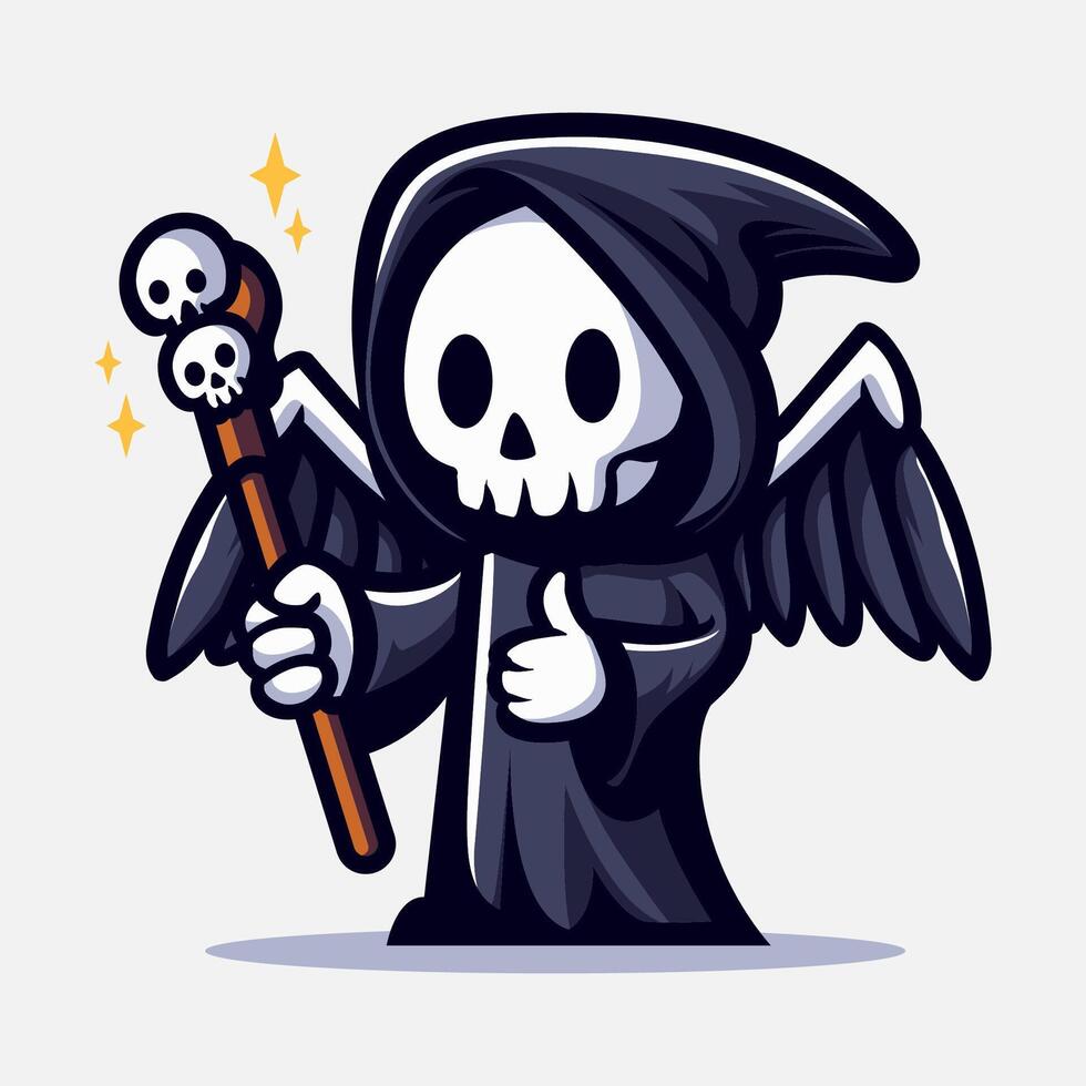 Cute grim reaper thumb up with wing illustration. Element for halloween design. Spooky and horror. Eps 10 vector