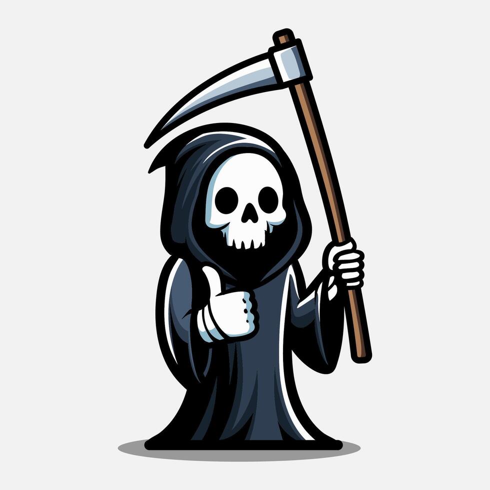 Thumb up grim reaper holds scythe illustration. Element for halloween design. Spooky and horror. Eps 10 vector