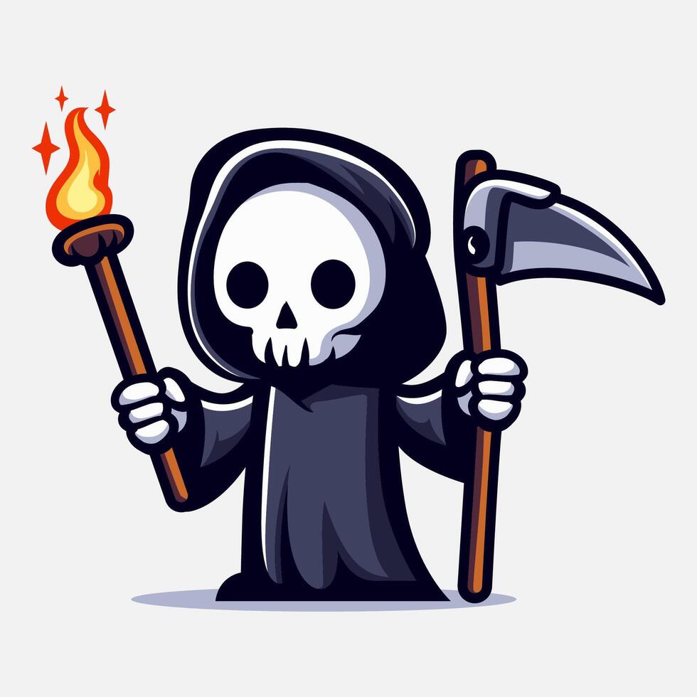 Cute grim reaper holds torch illustration. Element for halloween design. Spooky and horror. Eps 10 vector