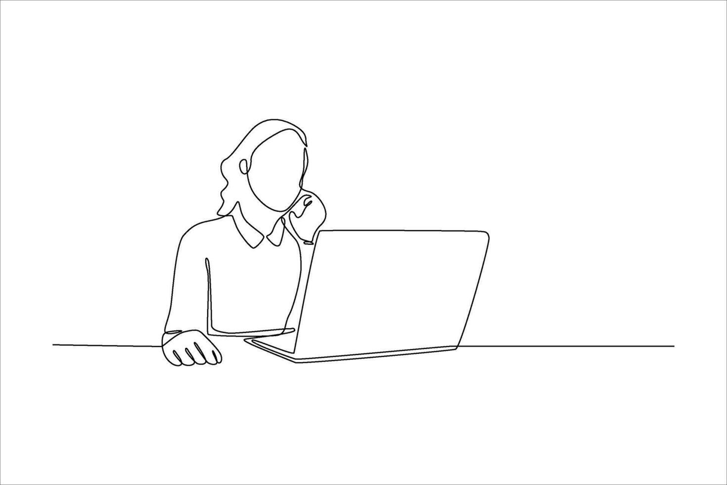 Woman using laptop, single line art. vector