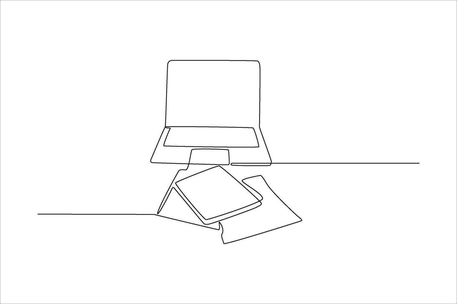 Single-line drawing of laptop, books, and papers on a desk. vector