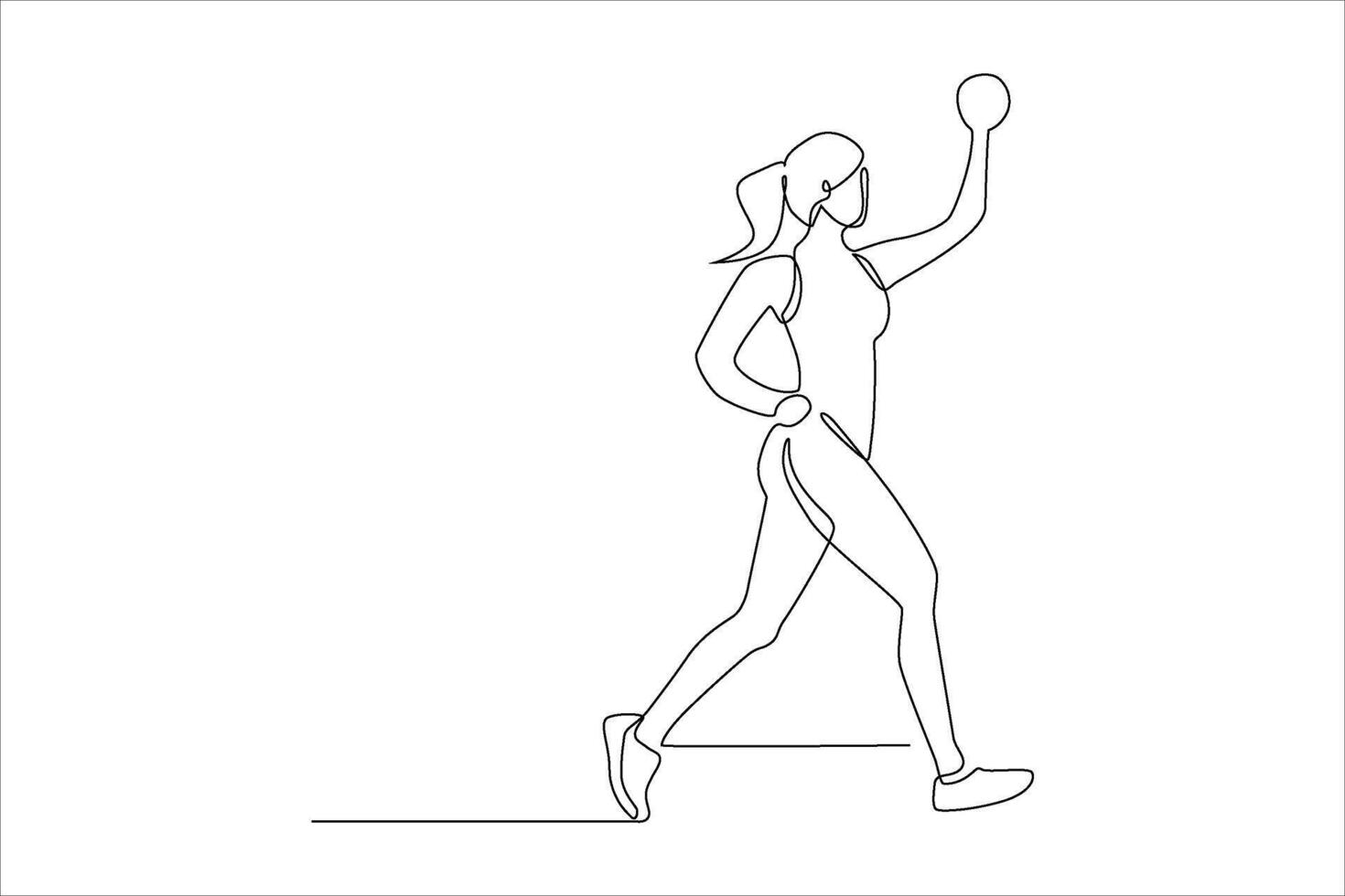 Single-line drawing of a woman jogging, arm raised. vector