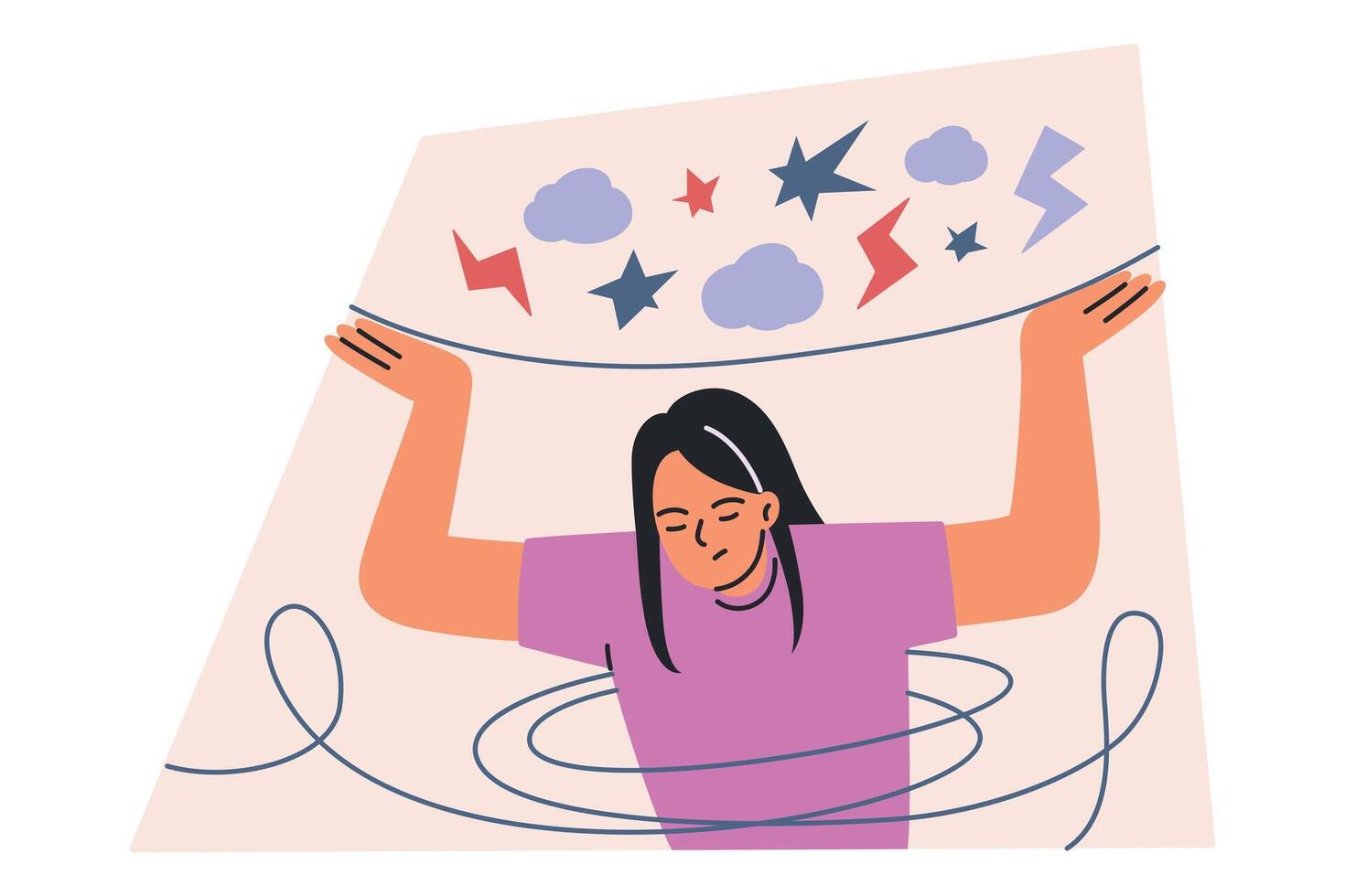 Abstract illustration of stressed and overwhelmed woman in flat cartoon style. Emotional and mental health concept, anxiety, tension, and introspection emotions. Perfect for psychology themes vector
