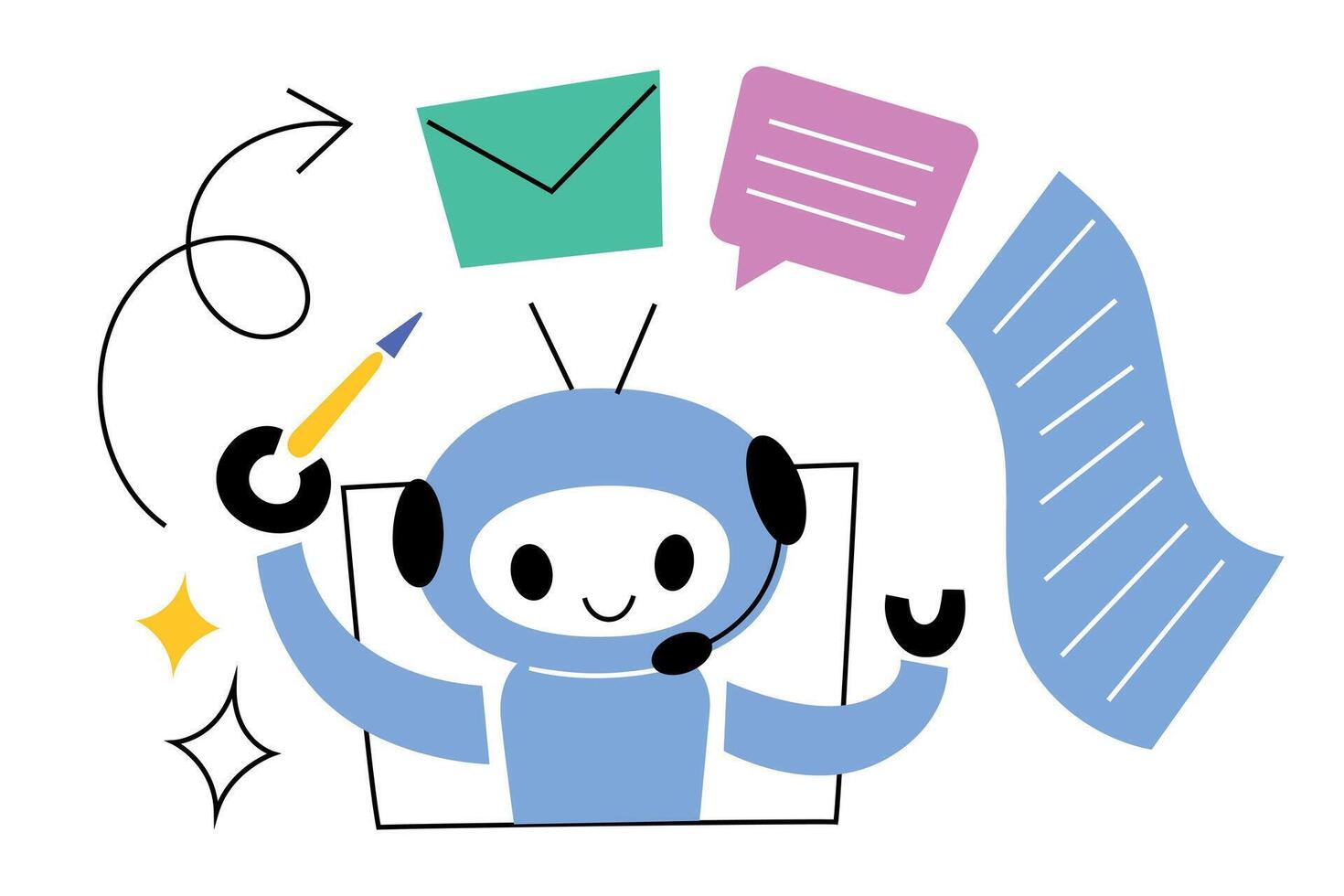 Cute cartoon robot creating texts, letters, and articles, artificial intelligence concept, AI illustration for communication, content generation, and technology themes vector