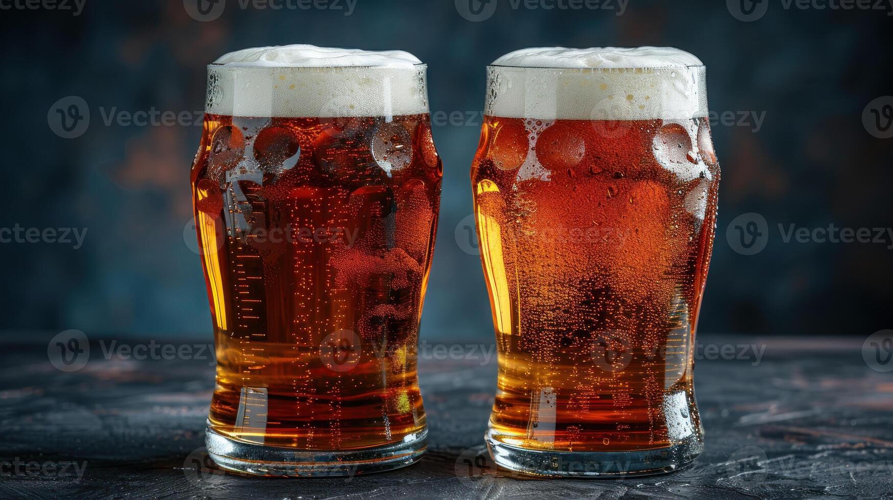 Two chilled glasses of amber beer with creamy foam sit on a rustic dark table photo