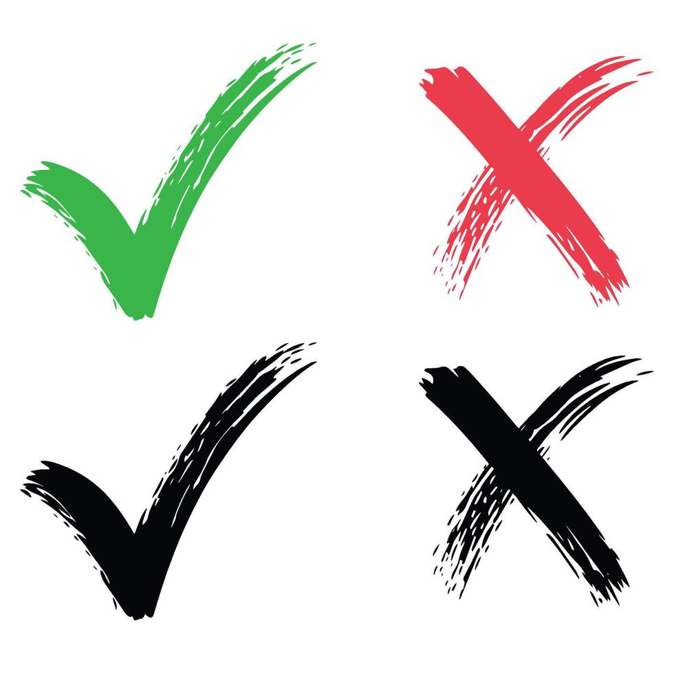 Set of check marks and cross marks in hand drawn brush style vector