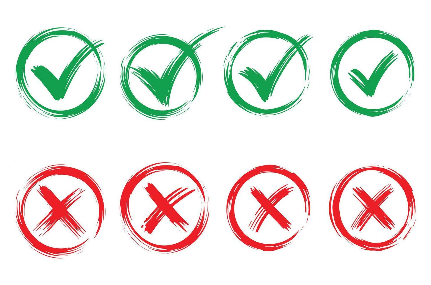 set of check marks and cross marks in hand drawn brush style vector