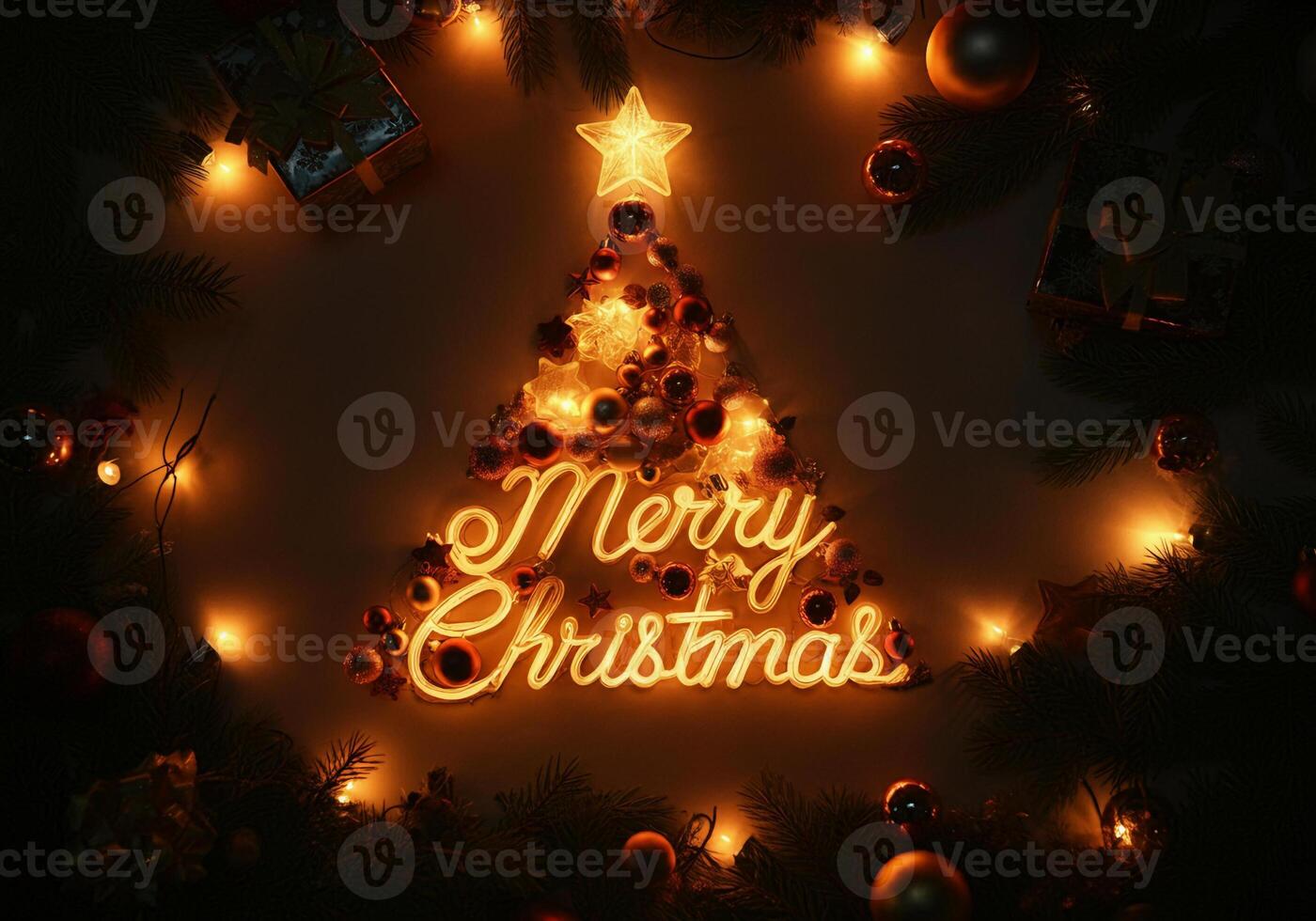 a christmas tree created with ornaments with neon lights words saying merry christmas photo