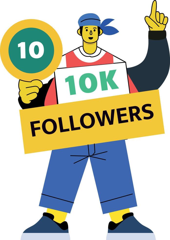 A flat illustration of an influencer celebrating 10k followers vector