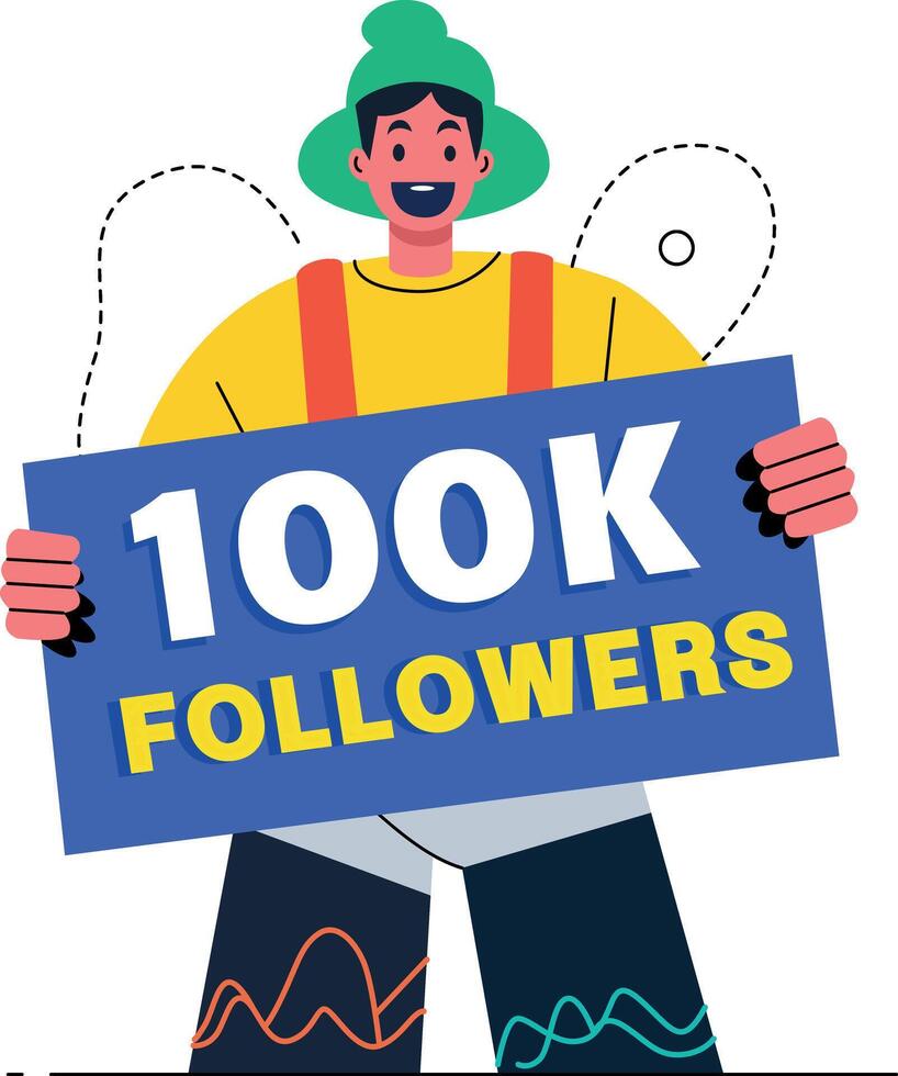 Flat illustration of a happy influencer celebrating reaching 100k followers vector