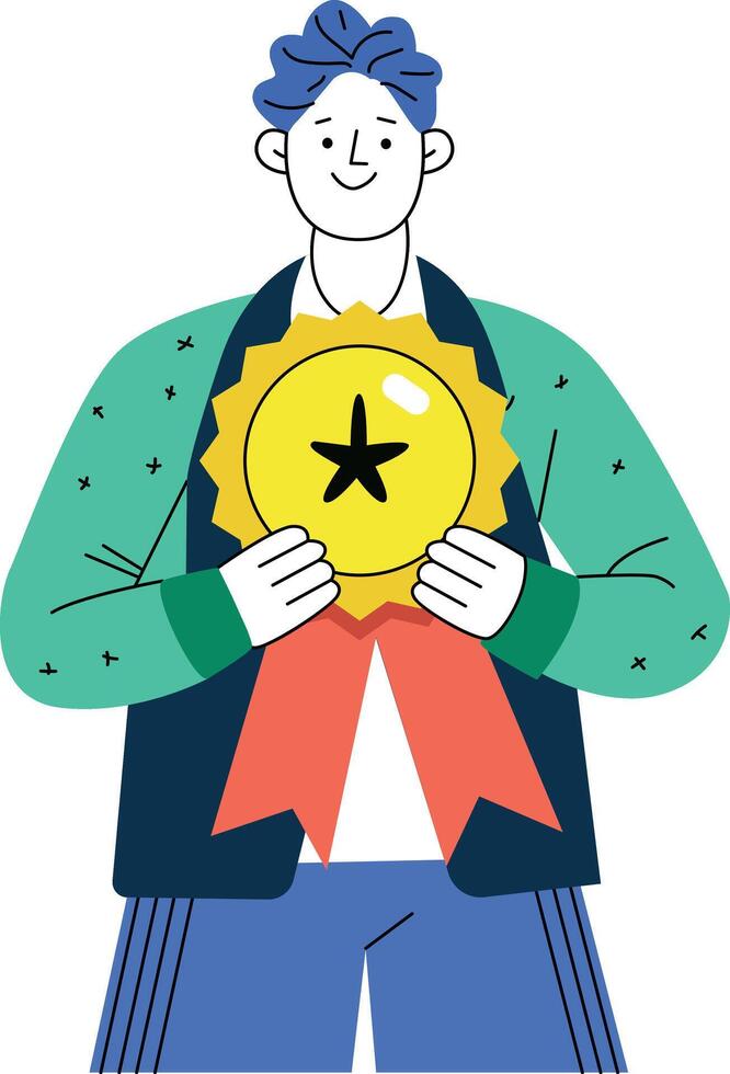 Smiling boy holding a medal reward, flat style illustration vector