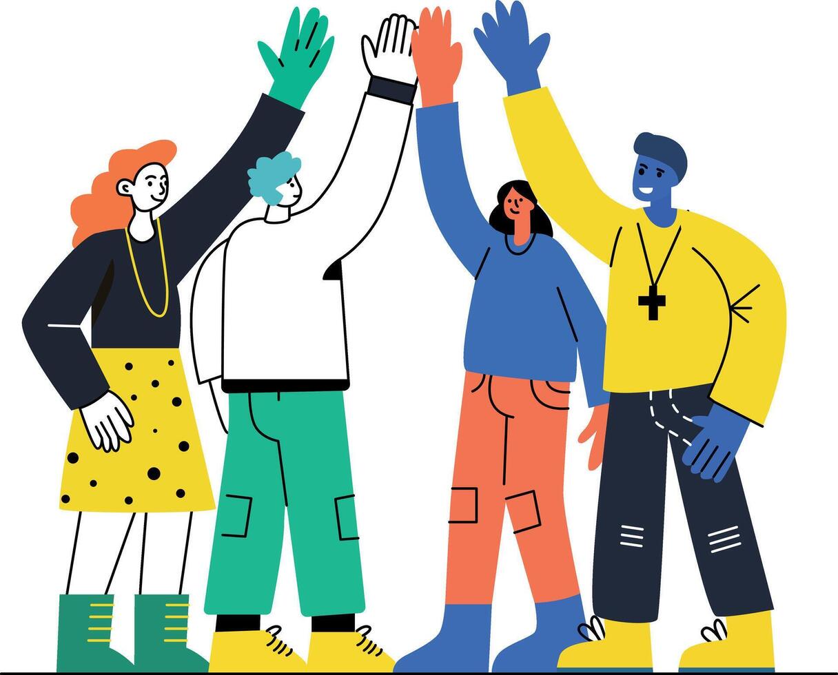 A flat illustration of a team giving a high five vector