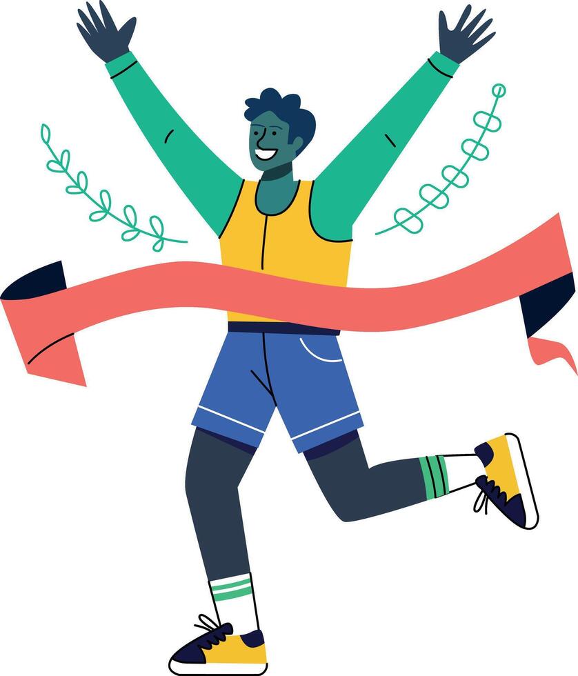 Flat illustration of a winner crossing finish line with their arms raised in victory vector