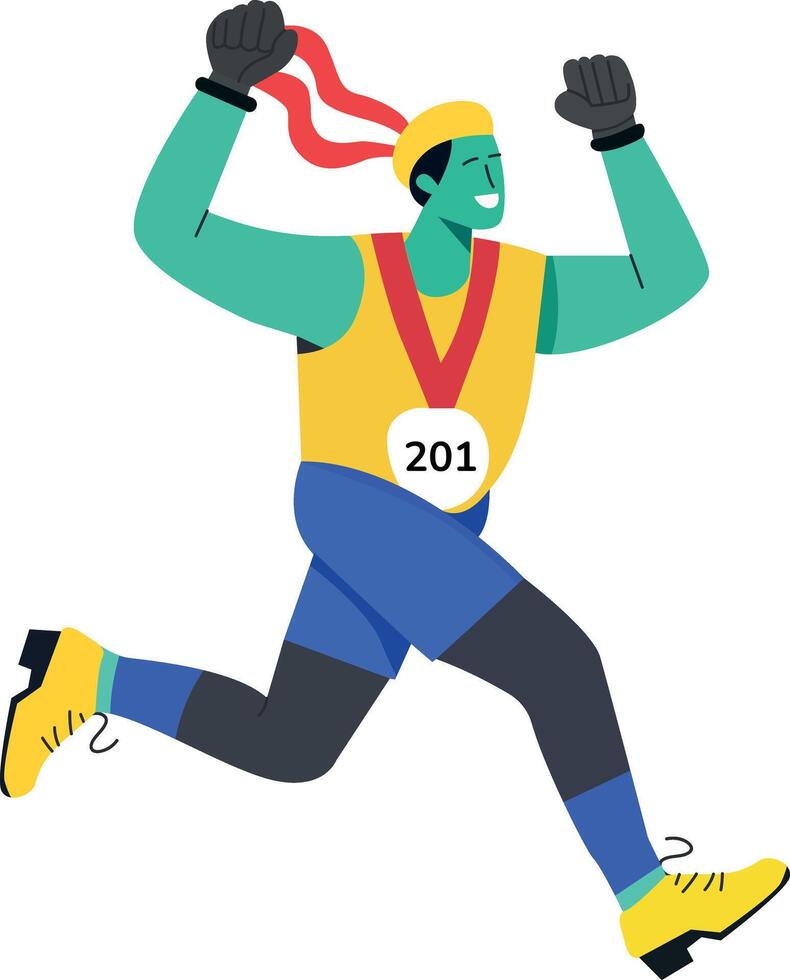 A flat style illustration of winner running with a gold medal vector